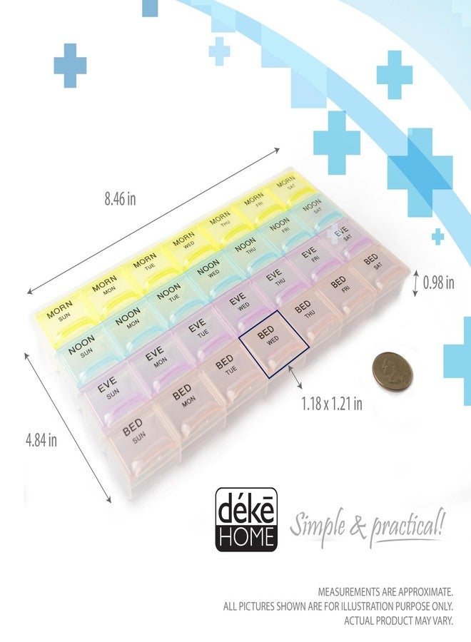 Deke Home - Pill Organizer 4 Times a Day (2 Pack), Weekly Medicine Box with Morning, Noon, Evening, Bed Compartments, Translucent, Easy-to-Open Pill Case, 7-Day Travel Medication Organizer for Vitamin - Image 2